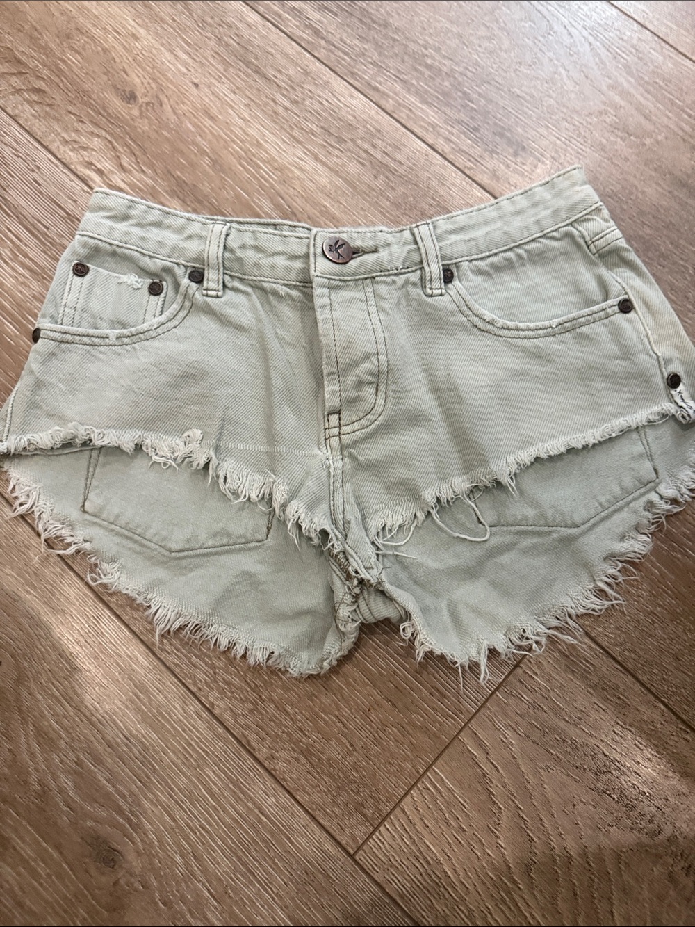 One Teaspoon Frayed Sage Green Denim Cutoff Shorts